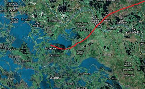 Imagem de satélite mostrando a vasta planície alagada pelo Rio Magdalena onde se encontra Mompós, na Colômbia. Em vermelho, nossa rota de acesso.